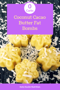 This Coconut Cacao Butter Fat Bomb recipe will keep their shape at room temp. They of course will also be coconuty and a delicious fat bomb dessert!