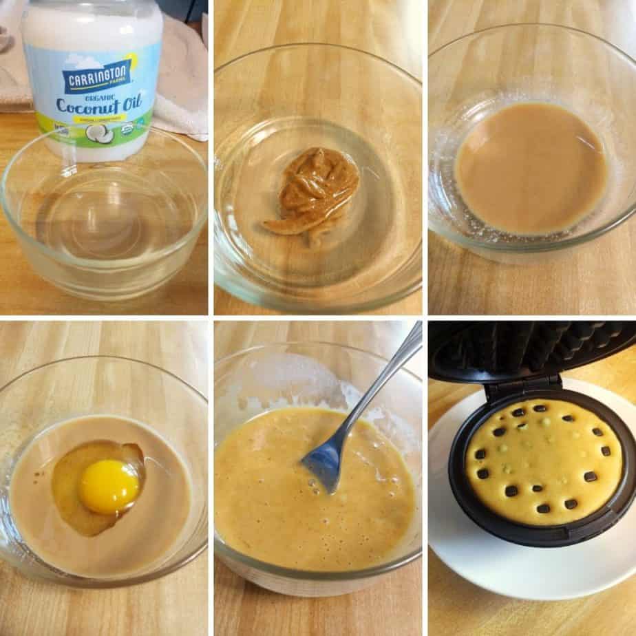 6 photo steps for waffles. Coconut oil in bowl. next image added in almond butter and mixed, egg was added then mixed. last image is batter in waffle maker.