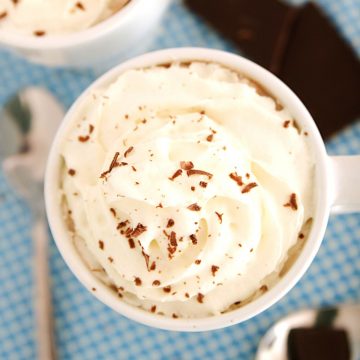 hot chocolate in mug with whipped cream on top