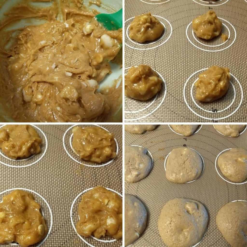 Visual steps in making cookies from the batter to just coming out of the oven.