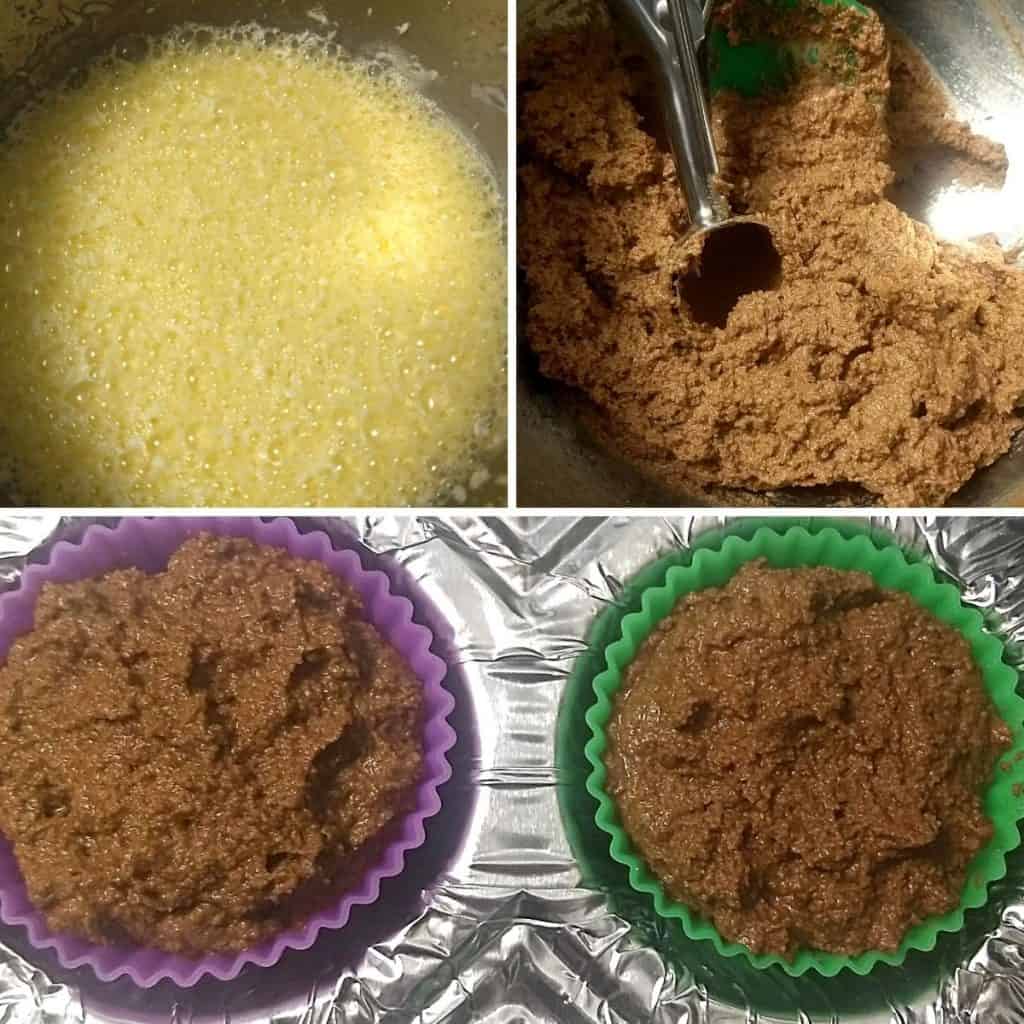 This is of 3 photos. 1 is the wet ingredients mixed, then the finished batter. The last image is of the chocolate cupcakes in muffins liners.