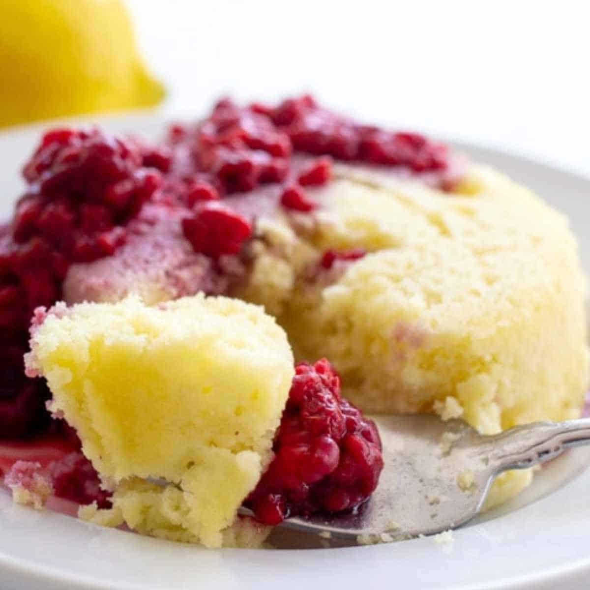 lemon mug cake with raspberries