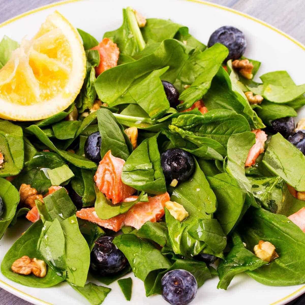 spinach salmon and bluberry salad - How to Fix Whole Body Aches on Keto: Advice from a Nutritionist