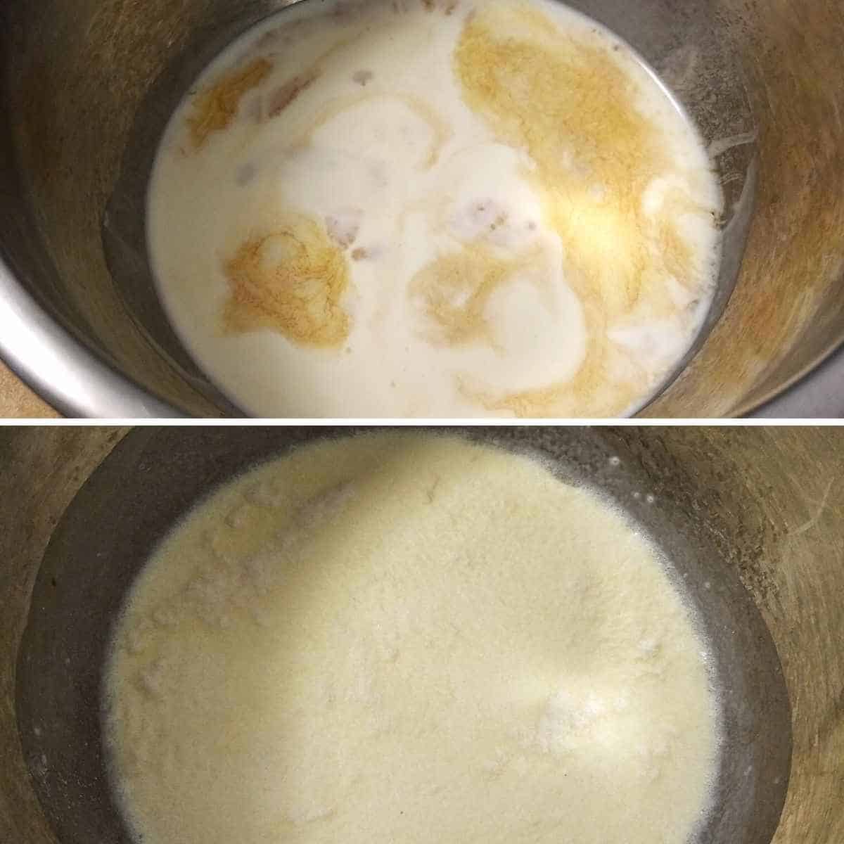 Top image: heavy whipping cream with extract and monk fruit.
Bottom image: heavy cream mixture with xanthan gum sprinkled on top.