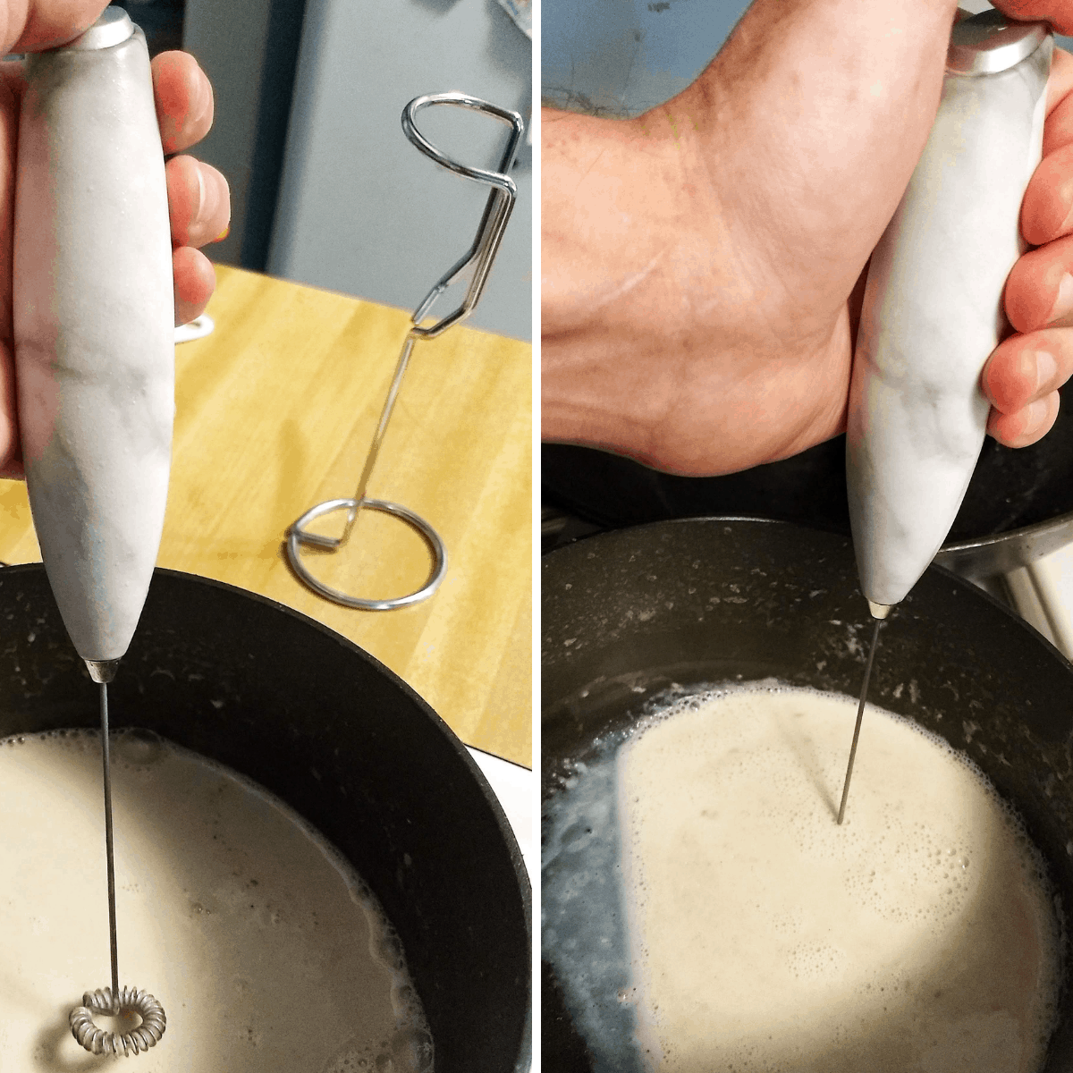 handheld milk frother in a saucepan with hot milk.