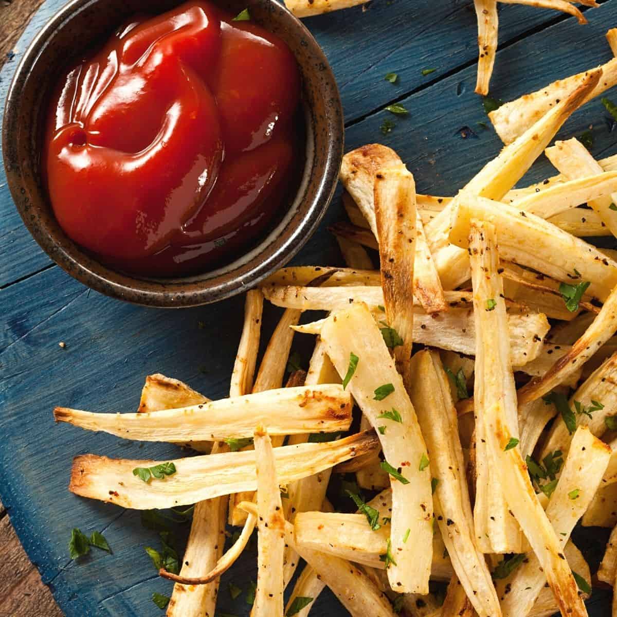 Er pastinakk keto? Hvordan spise dem på Keto. pastinakkfries med ketchup - Er pastinakk keto? Hvordan spise dem på Keto.