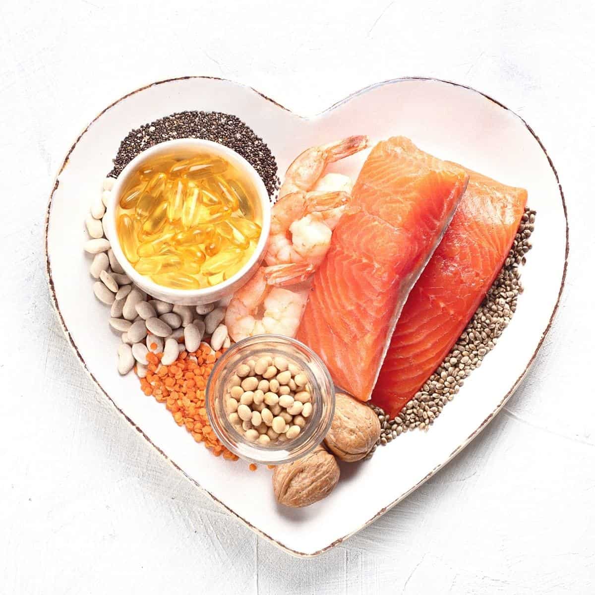 heart shape plate full of omega 3 foods