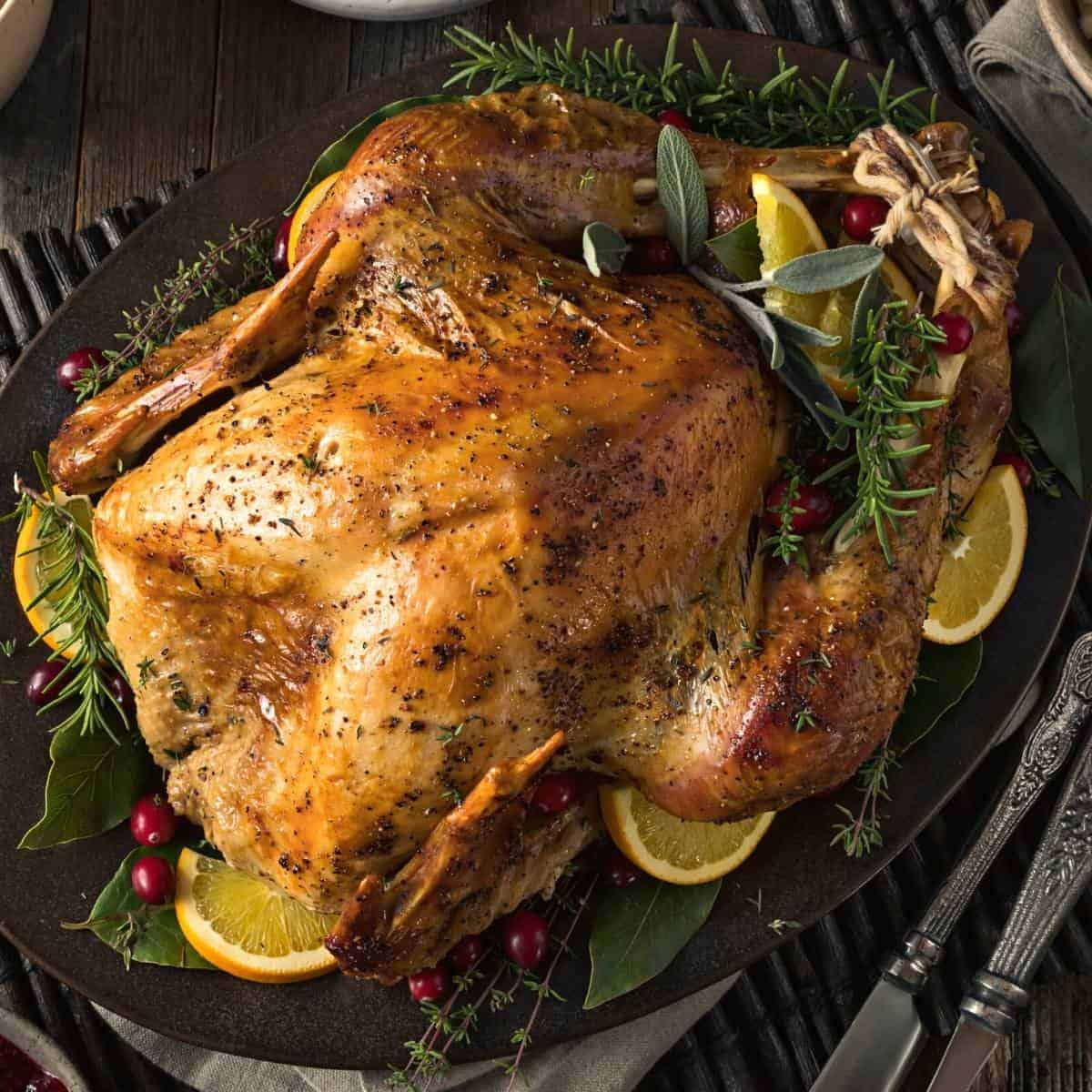 Cooked turkey on a platter with garnish around it