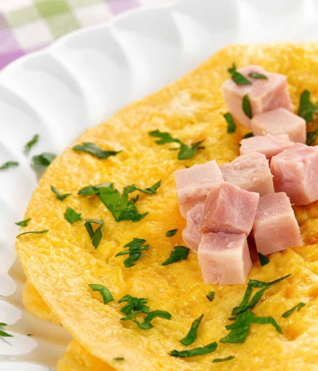 diced ham on an omelet