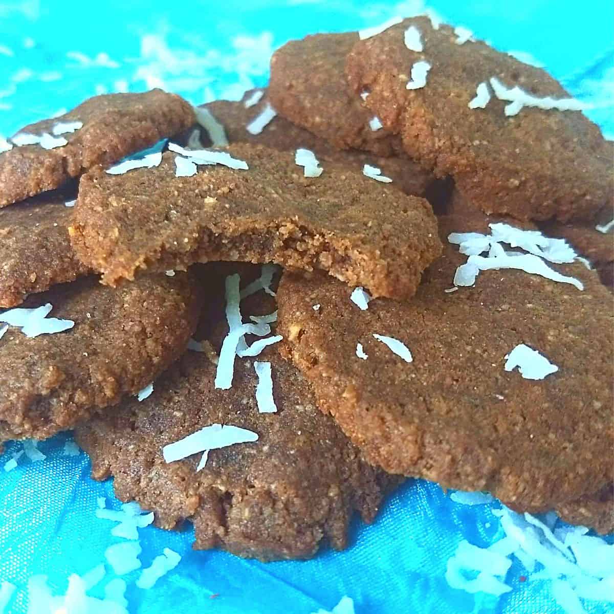 pile of chocolate cookies with coconut flakes sprinkled on top