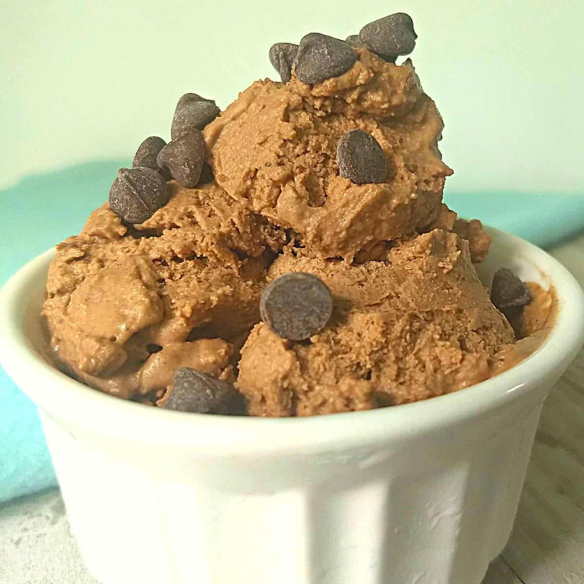 Chocoalte ice cream with chocoalte chips in a small white dish