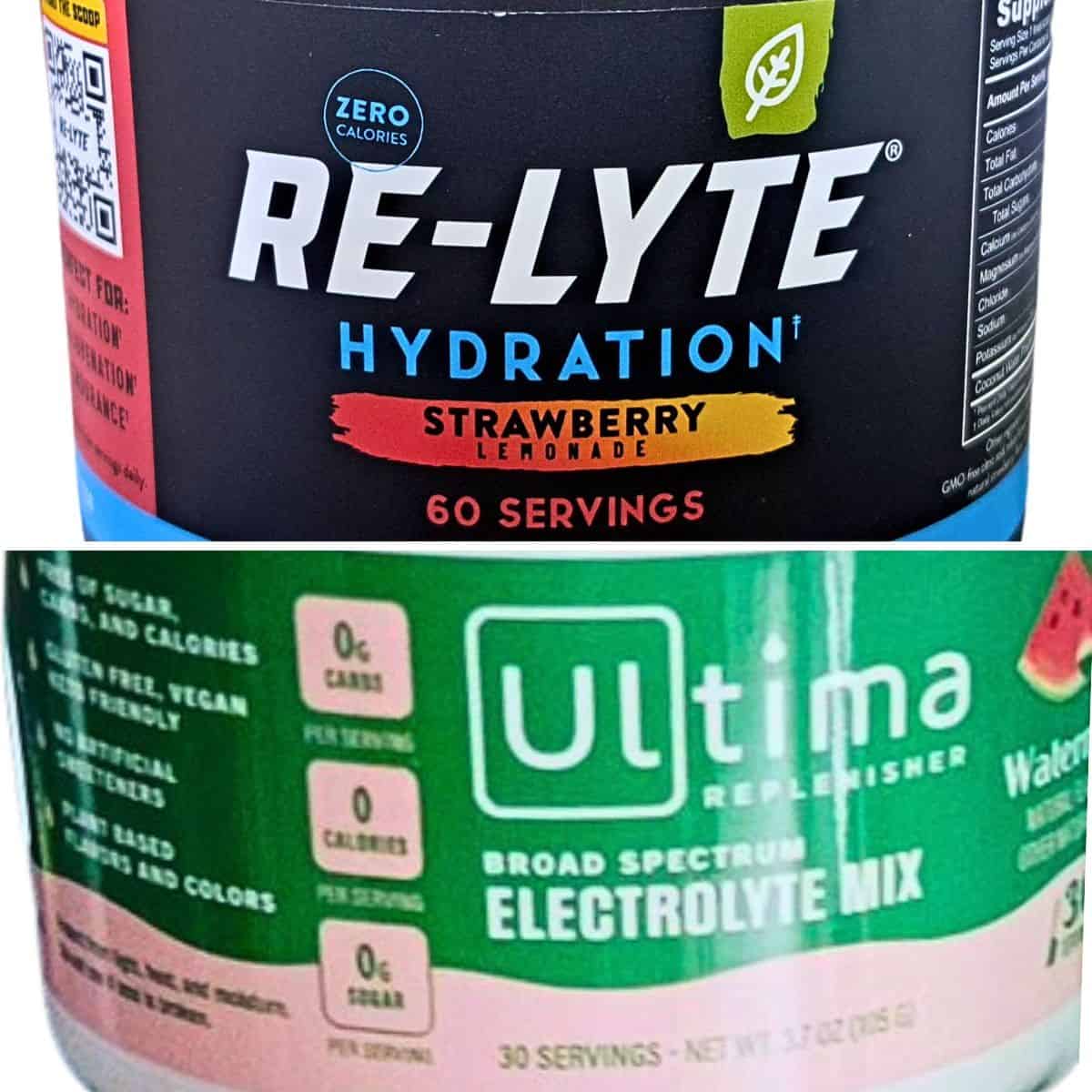 Container of Relyte Hydration on top of a container of Ultima Replenisher