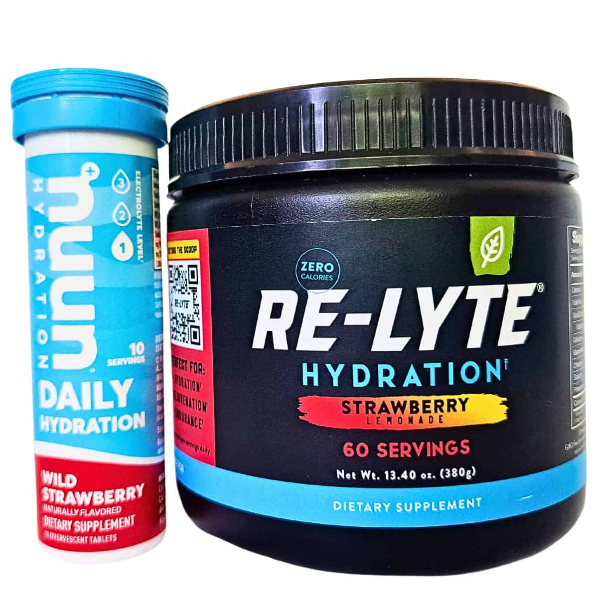 bottle of Nuun Daily Hydration next to Redmond's Re-Lyte Hydration bottle